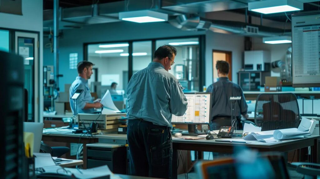 a modern, sleek hvac service office bustling with technicians reviewing blueprints and discussing equipment, illuminated by bright, artificial lighting to emphasize the professionalism and efficiency of sayreville's fast and affordable repair and replacement services.