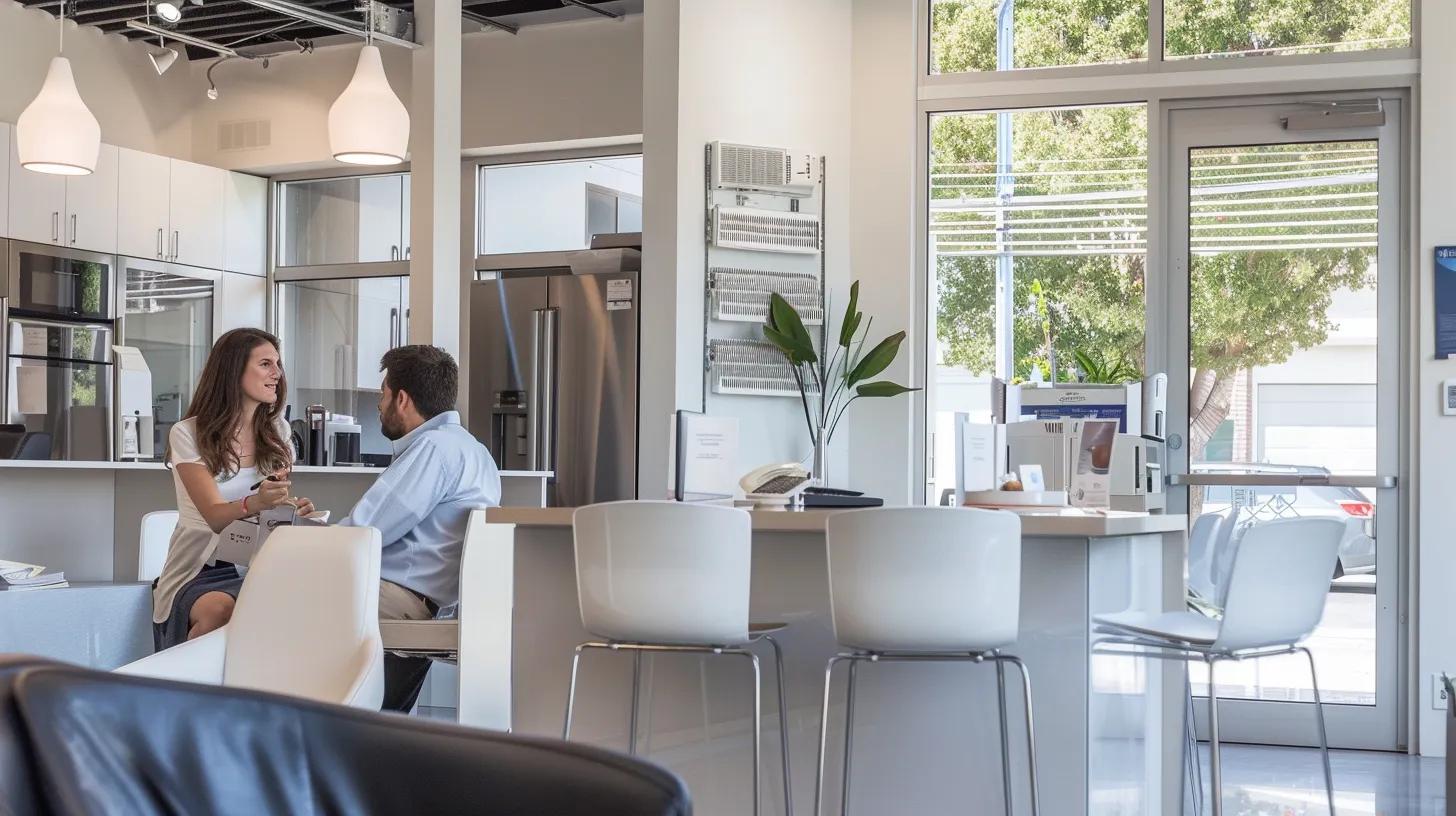 a modern, sleek office interior showcases a confident homeowner discussing energy-efficient hvac upgrades with a knowledgeable consultant, surrounded by brochures highlighting financing options and rebate programs against a backdrop of a high-tech hvac unit. a modern, sleek office interior showcases a confident homeowner discussing energy-efficient hvac upgrades with a knowledgeable consultant, surrounded by brochures highlighting financing options and rebate programs against a backdrop of a high-tech hvac unit.
