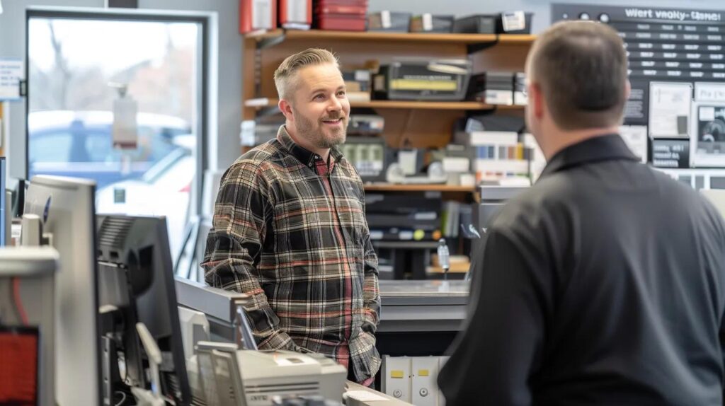 a modern, well-equipped hvac service office features a knowledgeable technician consulting with a client, surrounded by sleek on-brand equipment and informative displays showcasing heating and cooling solutions tailored for local climate demands.