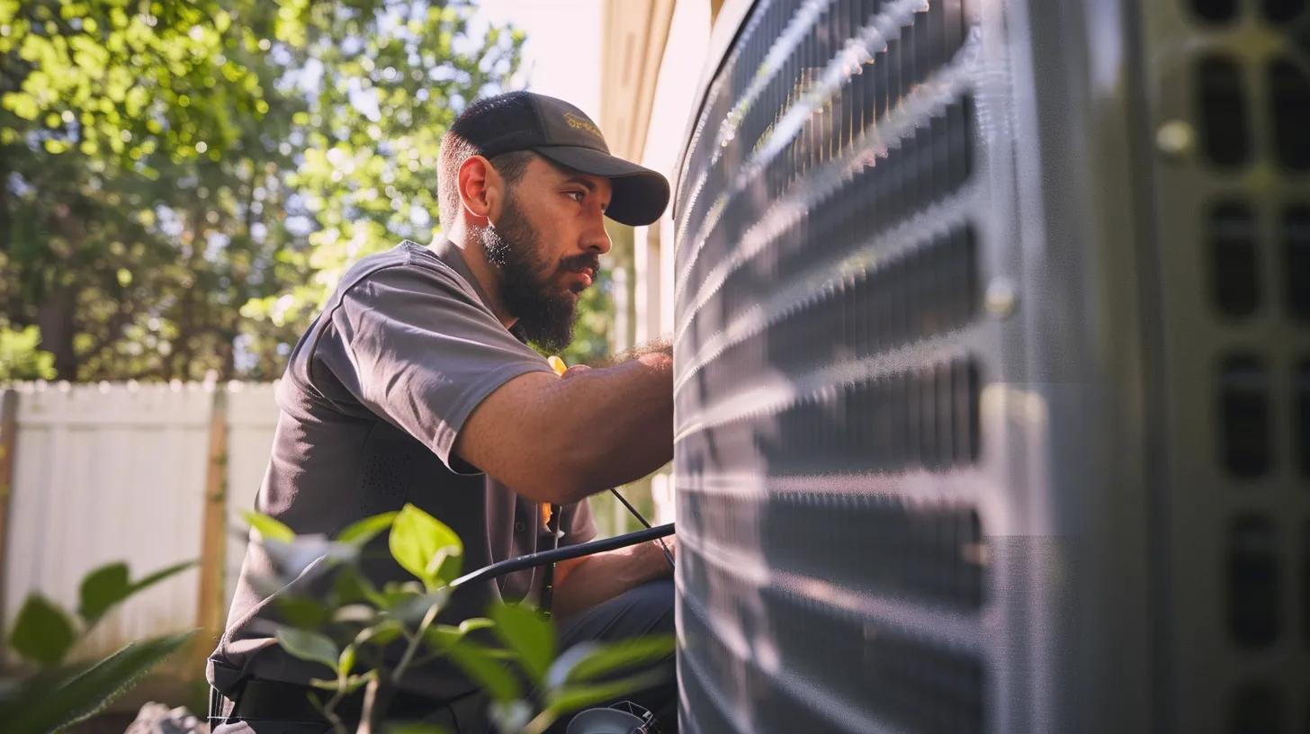 a professional air conditioning technician confidently inspects a sleek, modern hvac unit in a well-lit, tidy residential setting, showcasing expertise and reliability in air conditioning repair services.