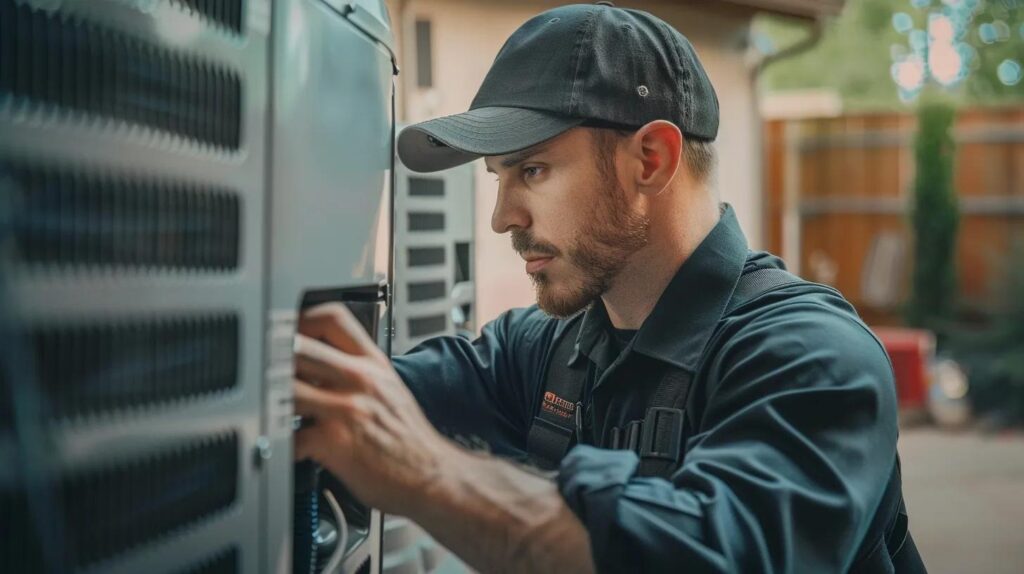 a professional hvac technician, clad in a neat uniform, inspects a sleek, modern air conditioning unit in a tidy, well-lit cranford home, demonstrating expert troubleshooting skills while ensuring comfort and efficiency.