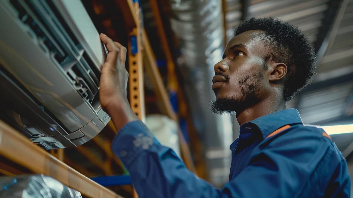 a professional hvac technician attentively inspects a sleek, modern air conditioning unit in a bright, well-organized service garage in sayreville, nj, emphasizing reliability and expertise in hvac repair and replacement.