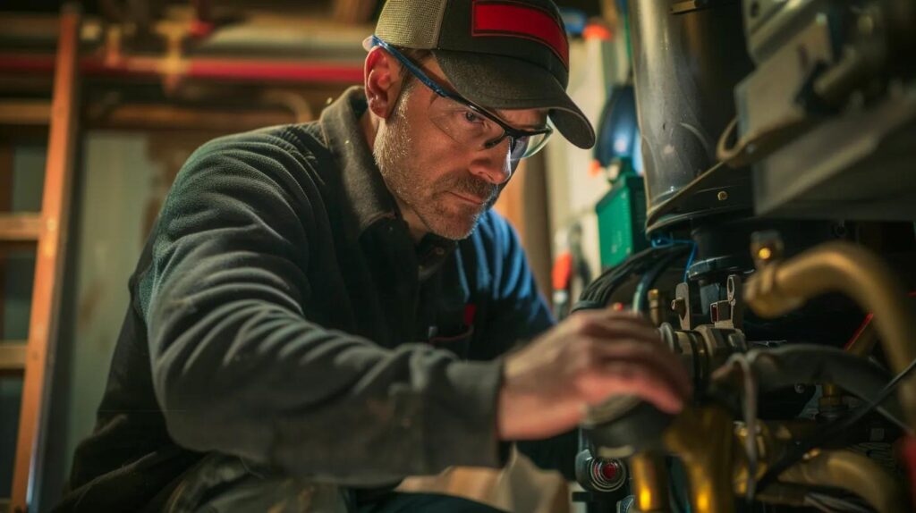 a professional hvac technician in a well-equipped residential basement, focused on repairing a furnace, with tools and equipment neatly arranged in the background, conveying a sense of diligence and expertise in maintaining home comfort.