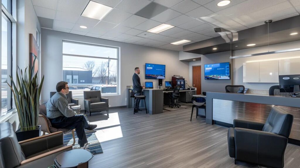 a sleek and modern hvac office interior showcases a knowledgeable technician consulting with a customer next to state-of-the-art heating and cooling systems, emphasizing professionalism and expertise in the heart of monroe, nj.
