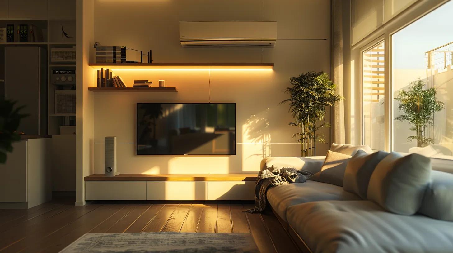 a sleek, modern living room showcases a newly installed hvac system, featuring a clean, minimalist design with a focus on energy efficiency and comfort, illuminated by soft, warm indoor lighting. a sleek, modern living room showcases a newly installed hvac system, featuring a clean, minimalist design with a focus on energy efficiency and comfort, illuminated by soft, warm indoor lighting.