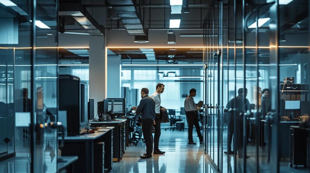 a sleek, modern office environment showcasing professional hvac technicians expertly inspecting advanced climate control systems, illuminated by crisp overhead lighting that emphasizes their focused expressions and state-of-the-art tools.