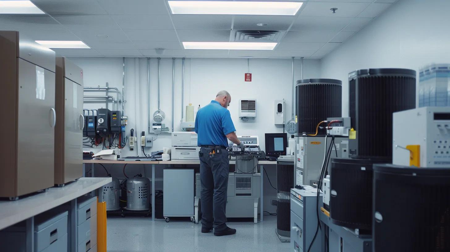 a sleek, modern office workspace featuring a professional hvac technician in action, surrounded by advanced heating equipment and diagnostic tools, emphasizing the efficiency and reliability of delco's comprehensive hvac services in new jersey. a sleek, modern office workspace featuring a professional hvac technician in action, surrounded by advanced heating equipment and diagnostic tools, emphasizing the efficiency and reliability of delco's comprehensive hvac services in new jersey.