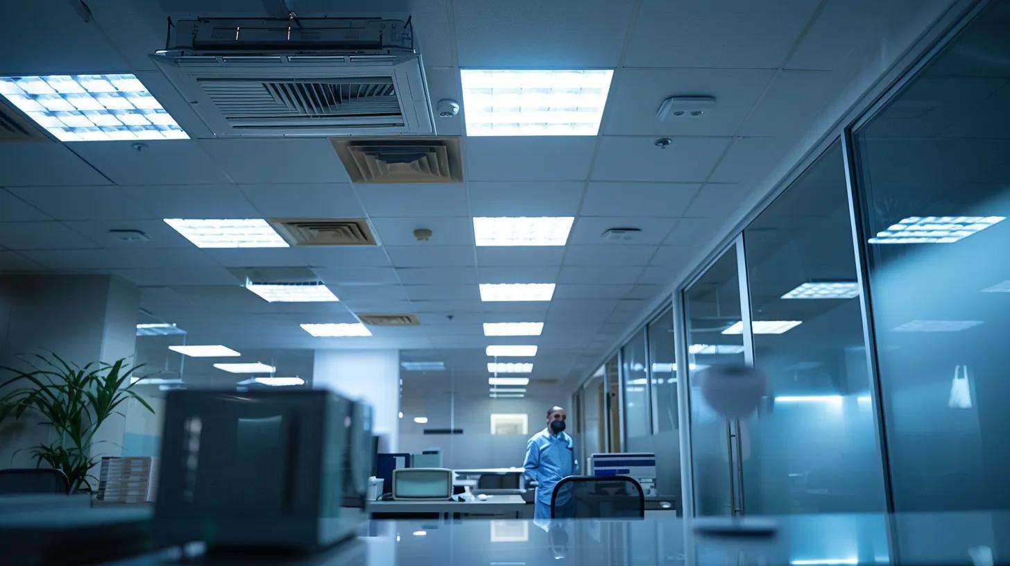 a sleek, modern office space showcases a technician inspecting a high-tech hvac system, illuminated by bright overhead lights that emphasize the importance of preventative care for year-round comfort. a sleek, modern office space showcases a technician inspecting a high-tech hvac system, illuminated by bright overhead lights that emphasize the importance of preventative care for year-round comfort.