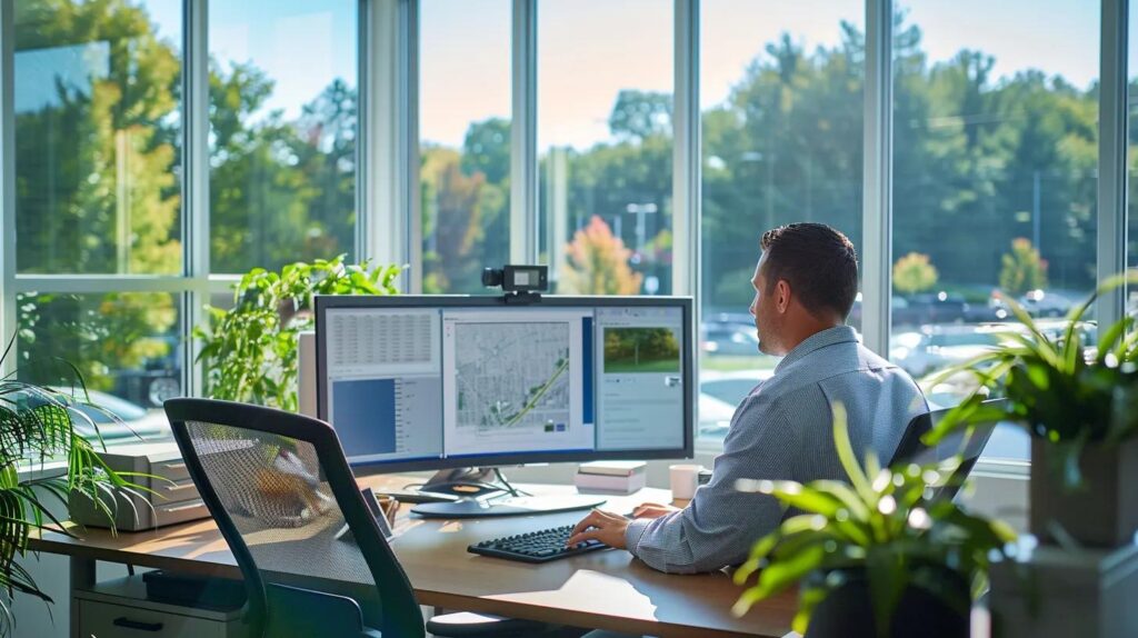 a sleek, modern office environment showcases a confident hvac technician reviewing a digital map of local service areas, embodying the reliability and expertise of delco air for homeowners in woodbridge, nj.