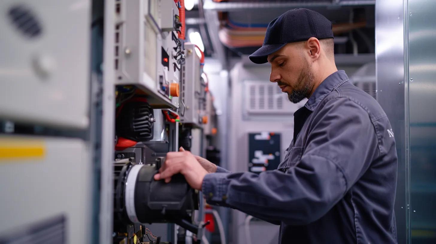 a sleek, modern technician in a crisp uniform inspects a complex air conditioning unit within a tidy, bright indoor service area, highlighting the precision and expertise in diagnosing repair needs. a sleek, modern technician in a crisp uniform inspects a complex air conditioning unit within a tidy, bright indoor service area, highlighting the precision and expertise in diagnosing repair needs.