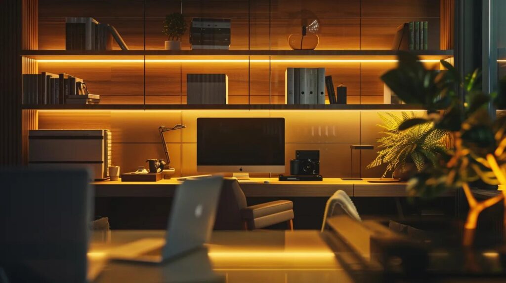 a warm and inviting interior of a modern home office, with a sleek heating system prominently displayed on the wall, exuding comfort and reliability against a backdrop of professional décor and soft, ambient lighting.